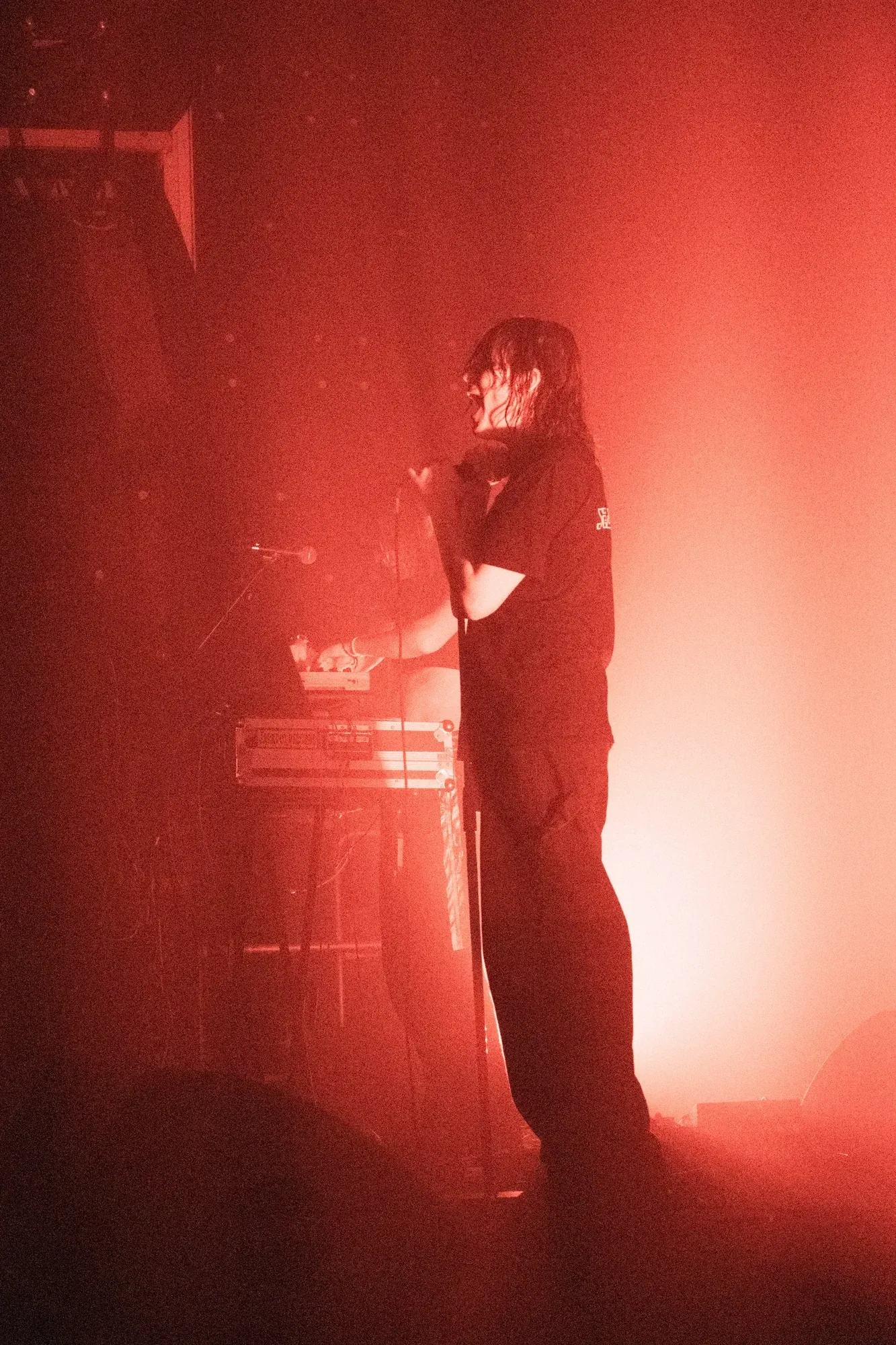 Musician on stage under red light, photographed by Helen Milova